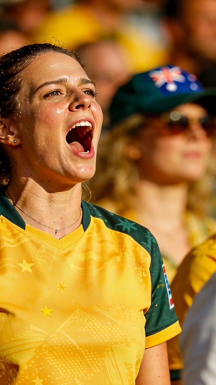 Video vertical: Mujer animando con camiseta amarillo-verde reaccionando a una jugada en el estadio, con una gorra verde al fondo