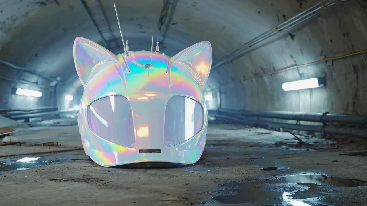 Futuristic Cat Helmet in Abandoned Tunnel