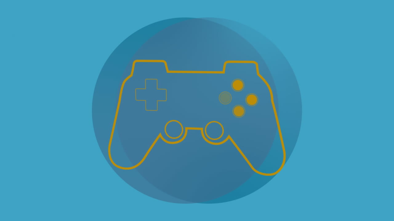 Animation of video game icon over circular banner against copy space on blue background