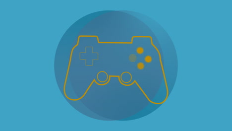 animation of video game icon over circular banner against copy space on blue background