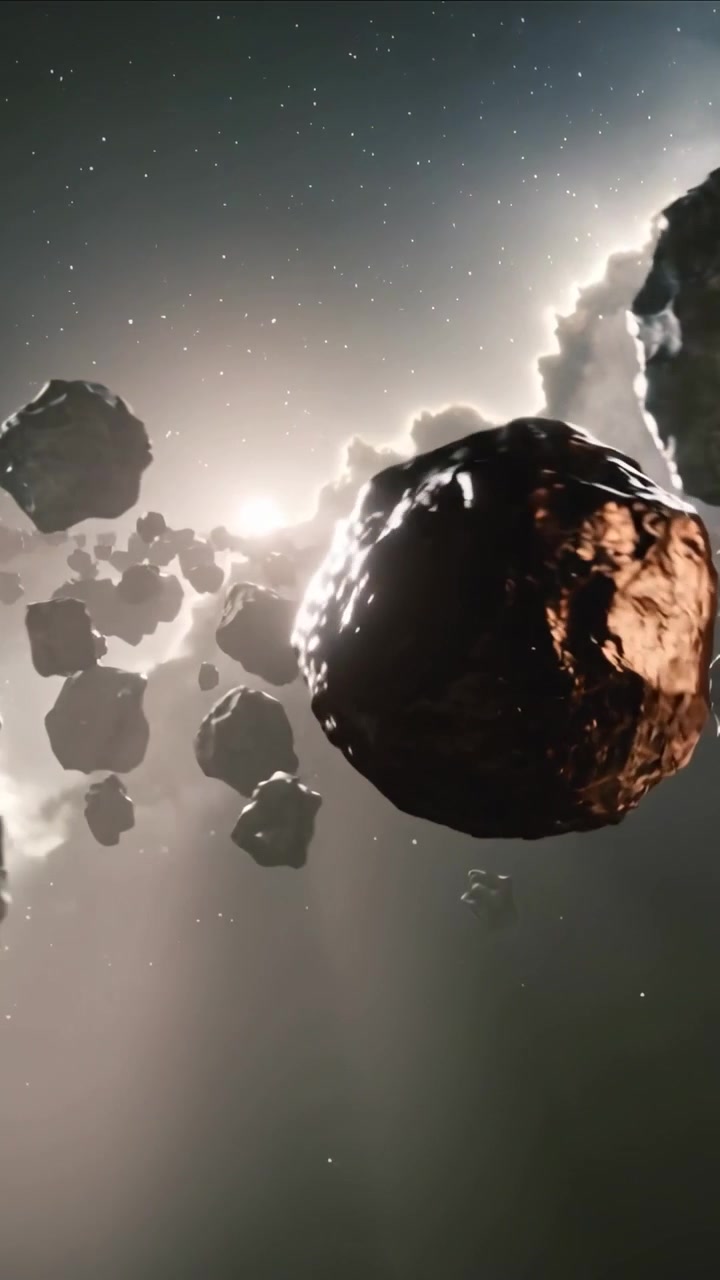 Vertical video: Starting camera sweep centered copper-patch asteroid rotating near star and nebula