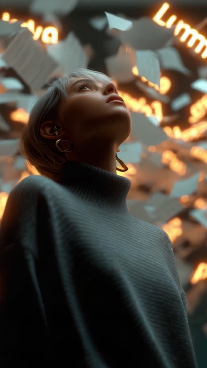 Ritratto accattivante di una donna che guarda verso l'alto tra carte fluttuanti e luci brillanti, catturando un momento di riflessione e meraviglia
