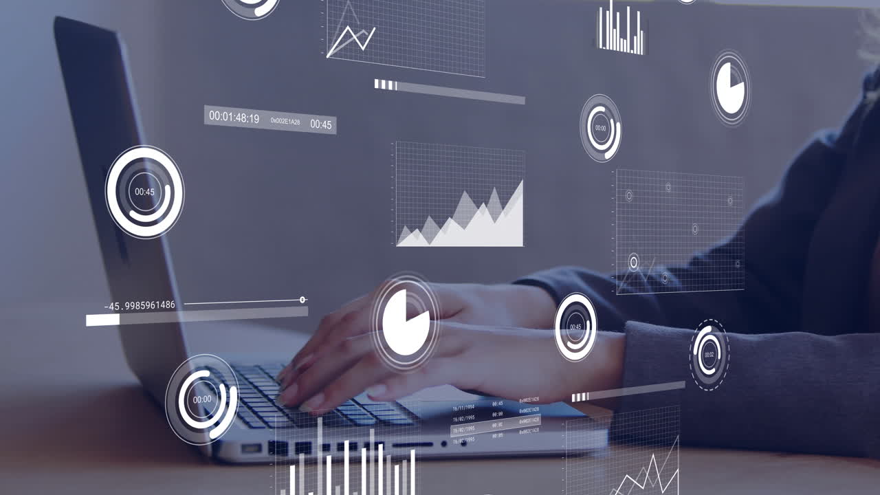 Typing on laptop, hands analyzing data with animation graphics overlay