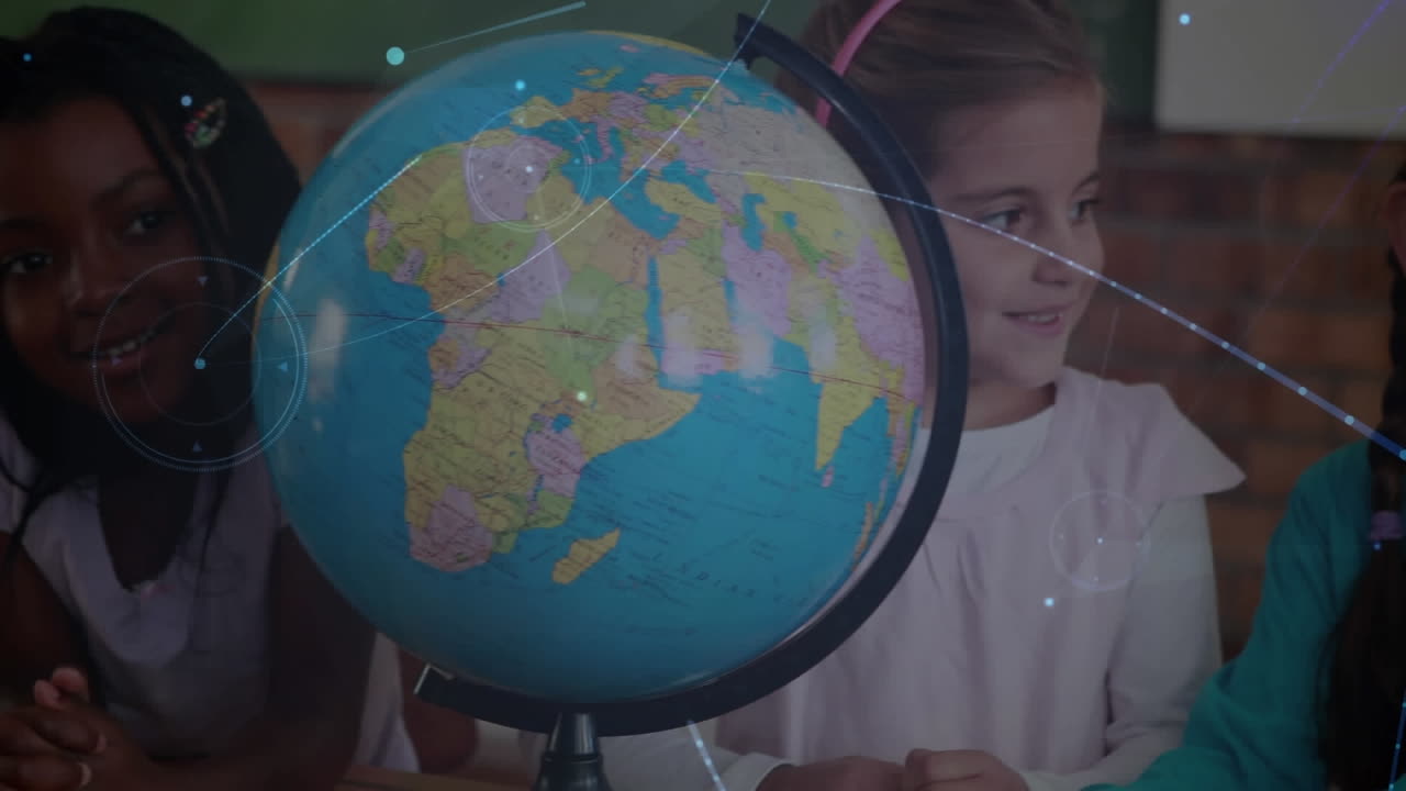 Animation of microscope icons over diverse schoolchildren with globe