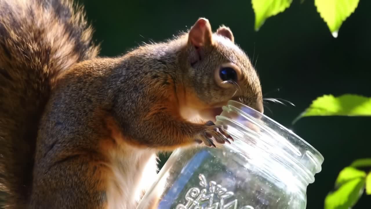 A playful squirrel delicately grasps a glass jar, showcasing its dexterity and curiosity in the midst of nature's vibrant backdrop, highlighting the beauty of wildlife