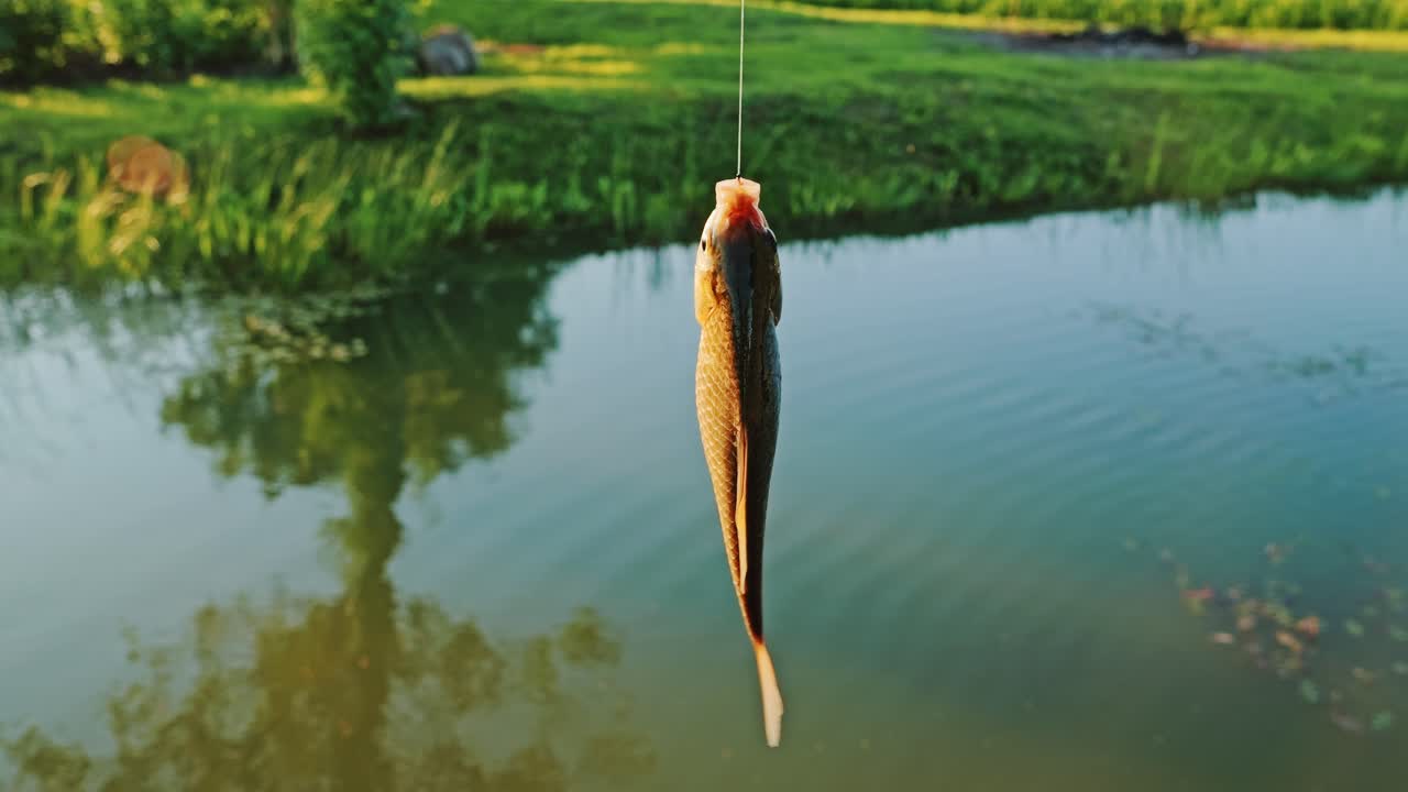Golden Crucian Carp Wiggles on Fishing Line Over Green Summer Latvian Pond Water