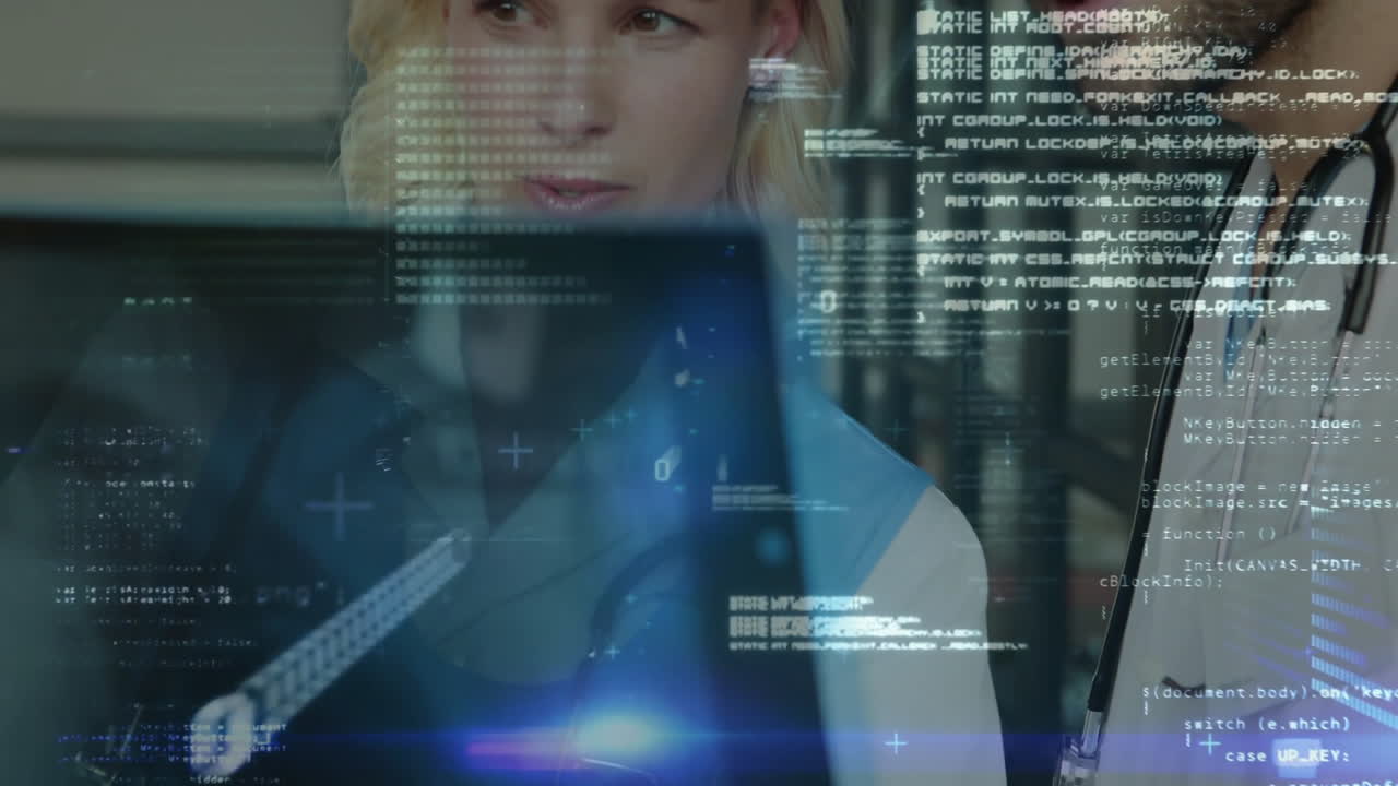 female doctor analyzing medical data at desk, with floating code overlays driving health innovation
