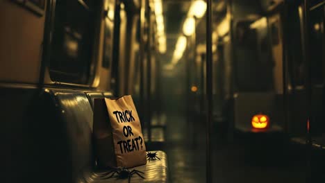 trick or treat bag and jack-o'-lantern on an empty subway train