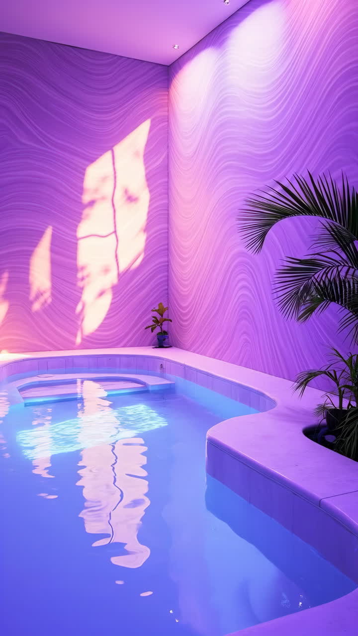 Vibrant Purple Lit Indoor Pool with Wavy Walls and Plants