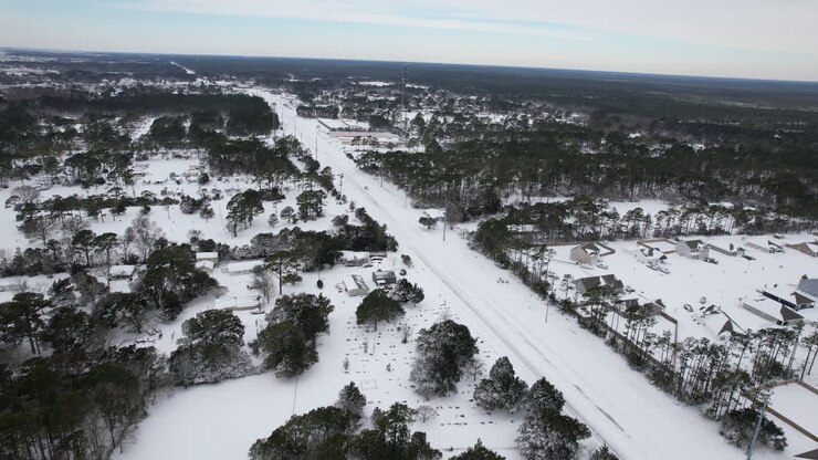 Aerial shot of coastal North Carolina after a large snow storm. Snow covered road