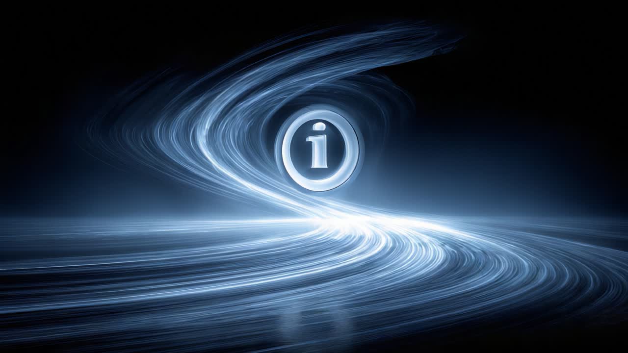 A Dynamic Motion of Information Symbol Depicted in an Abstract Light Swirl, Capturing the Essence of Knowledge in a Futuristic and Captivating Visual Experience