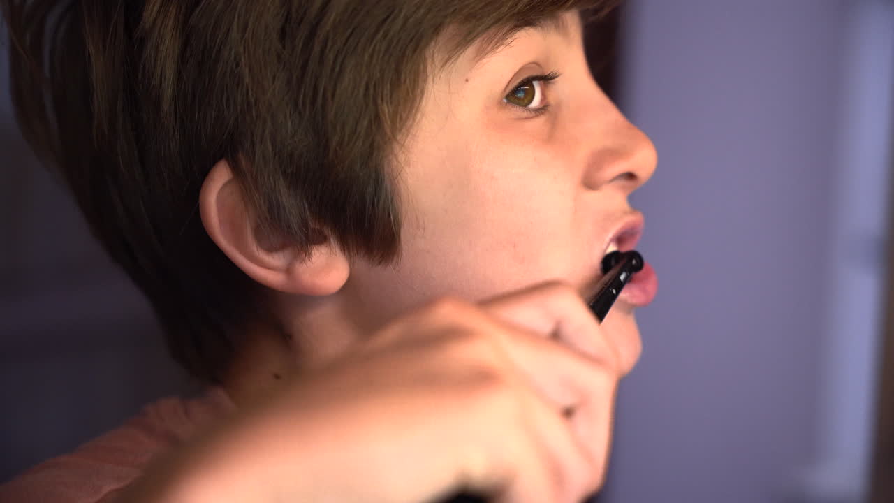 Close Up Portrait Young Caucasian Boy Brushing His Teeth Health