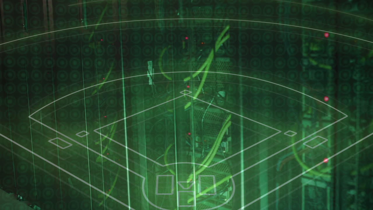 Animation of sports stadium over server room