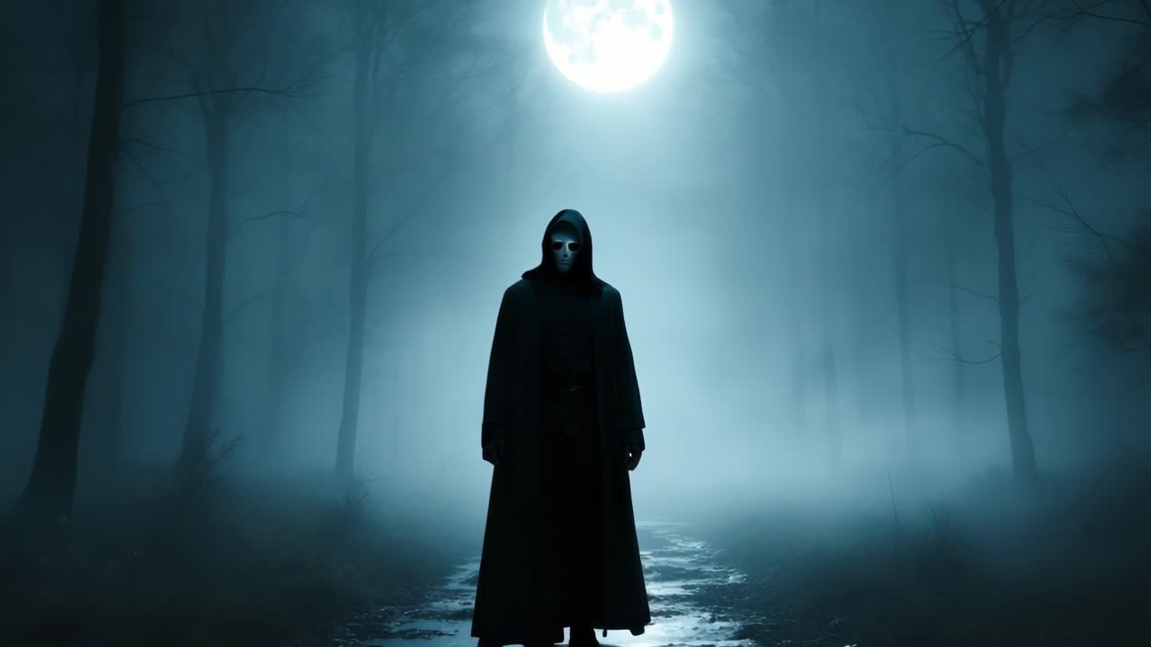 Mysterious figure in dark cloak stands in foggy forest illuminated by full moonlight