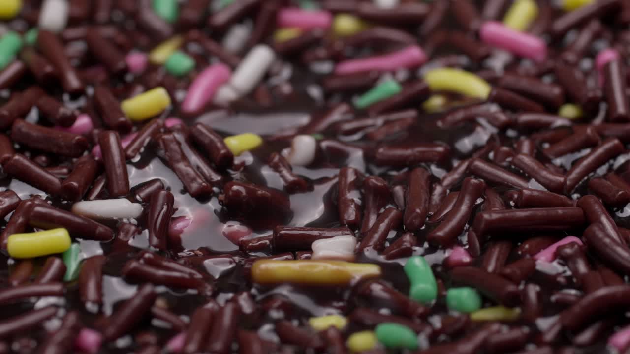 Chocolate sprinkles, yummy sugary dessert food, close-up slow motion