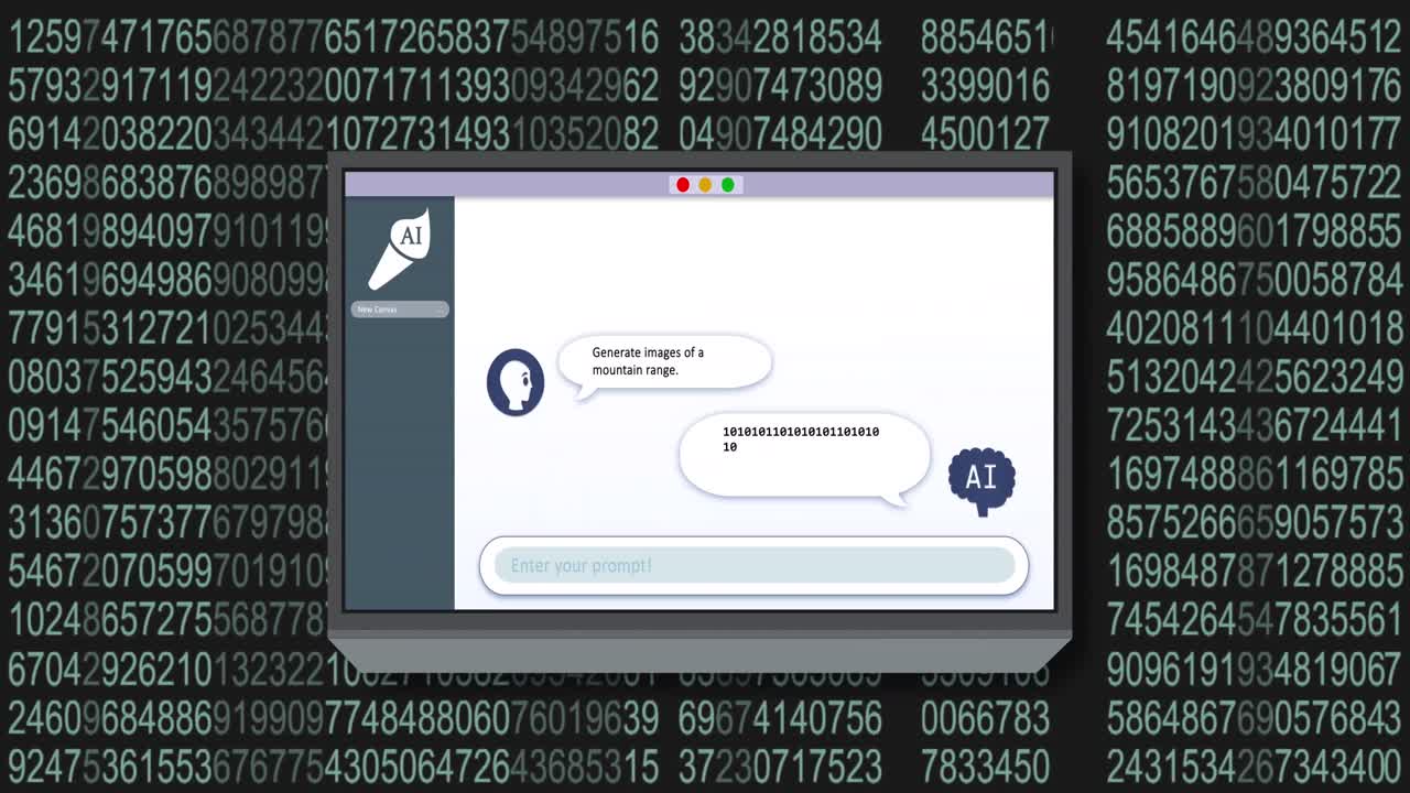 Animation of ai text and binary coding data processing over screen