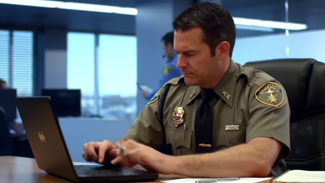 Focused Law Enforcement Officer Analyzing Data on Laptop in Modern Office Setting with Colleague Present in Background Illustrating Teamwork and Dedication