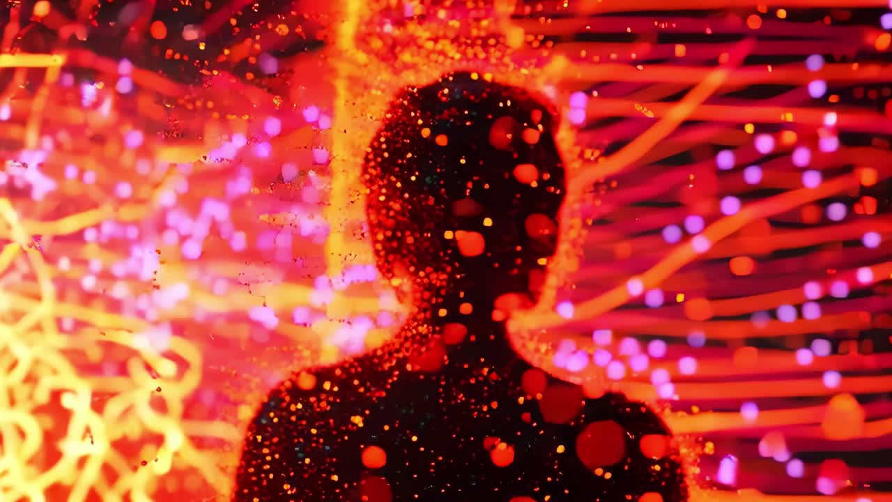 A captivating interplay of vibrant colors and dynamic particles, showcasing a silhouette immersed in an explosion of vivid red and orange hues, creating an ethereal and otherworldly atmosphere