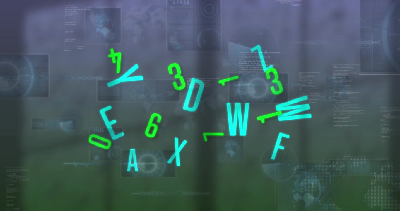 Animation of data processing over letters and numbers
