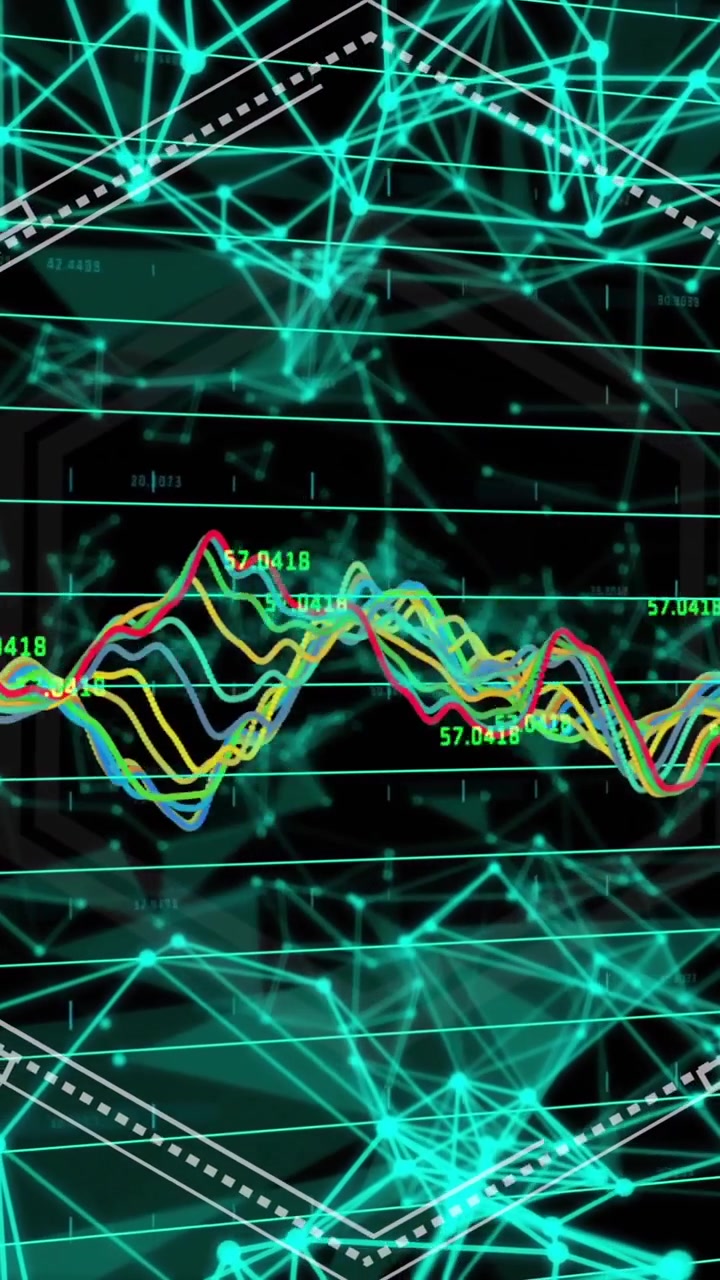Animation of data processing over network of connections on black background