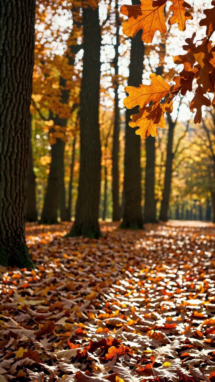 A serene autumn forest scene with fallen leaves, captured from a low angle