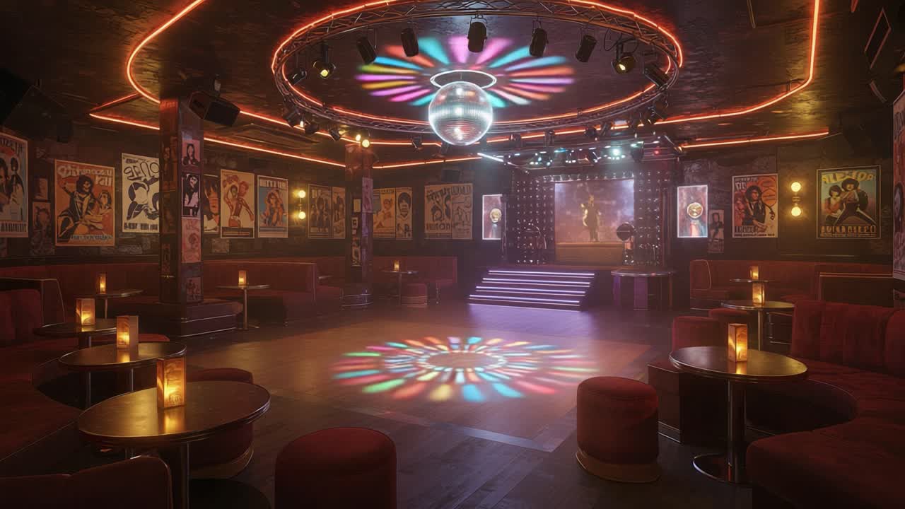 Vibrant Nightclub Interior Featuring Colorful Disco Lights and Inviting Lounge Seating, Perfect for Dancing and Entertainment