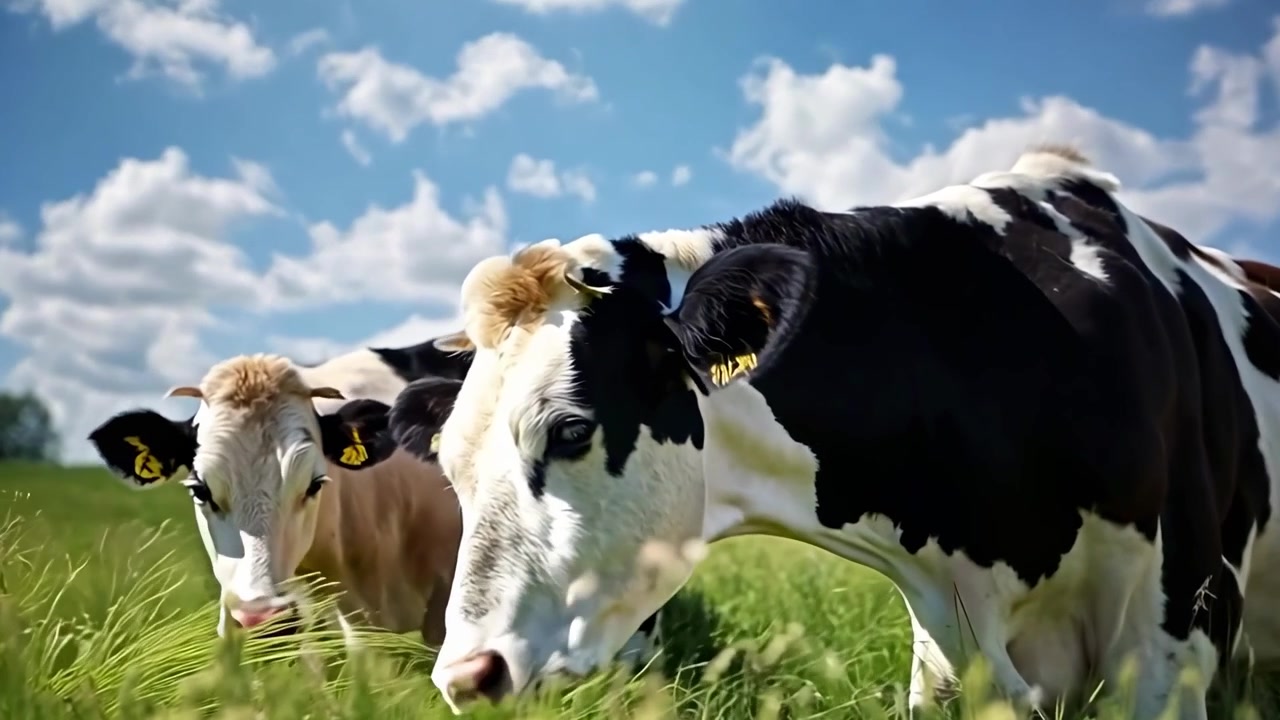 Close-up of Cows Grazing in a Sunny Green Pasture