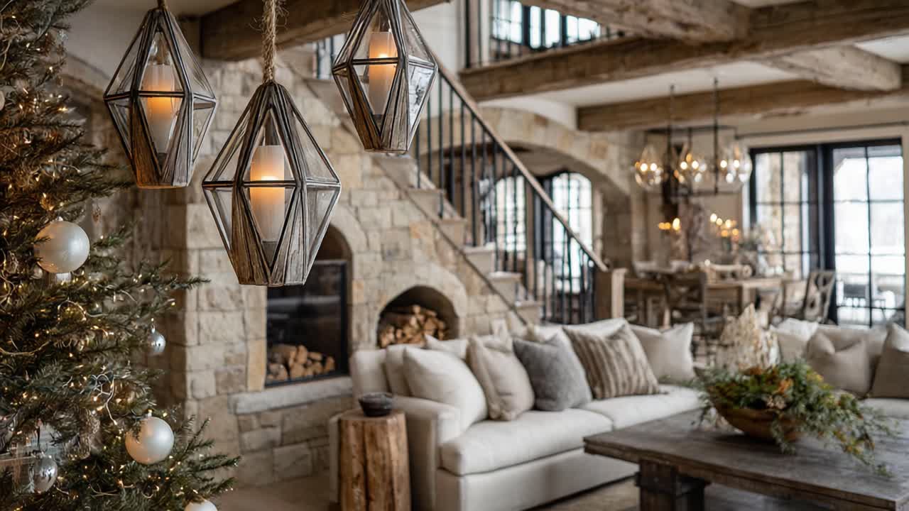 Elegant Living Room Decor with Cozy Fireplace and Beautiful Christmas Tree, Showcasing Stylish Lanterns and Rustic Elements in a Warm Atmosphere
