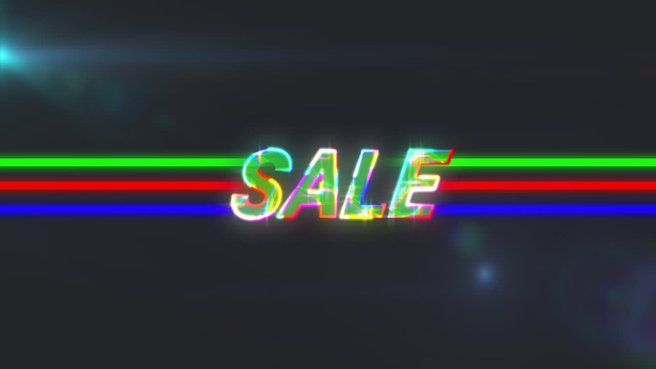 Neon SALE text with colorful stripes in animation on dark background
