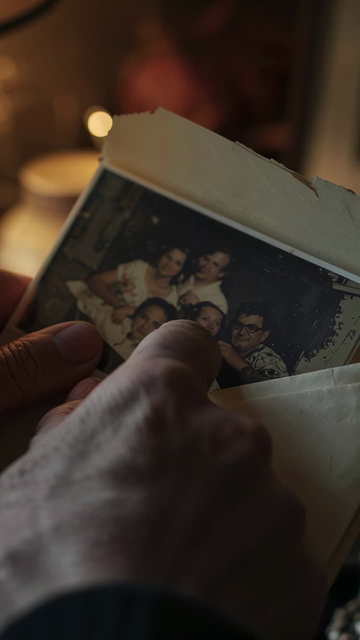 Vertical video: Opening torn envelope, cuffed hands revealing family portrait on table, reminiscing