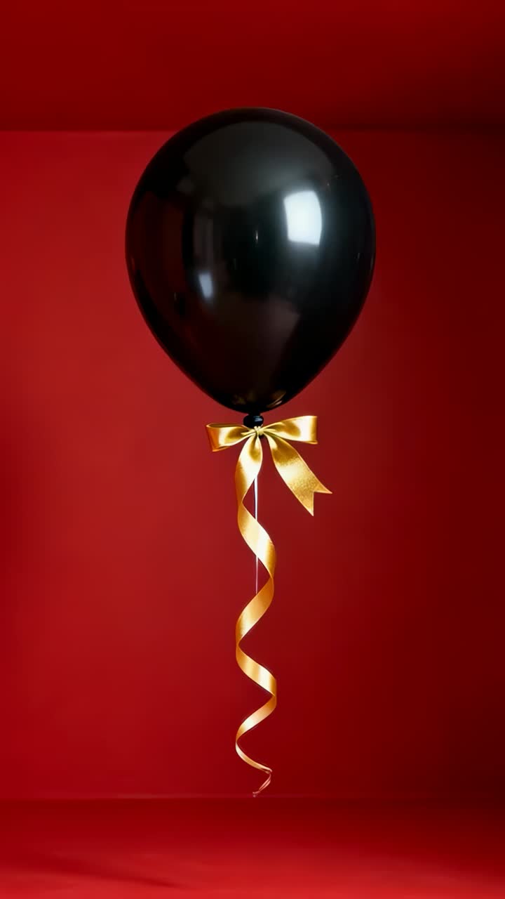 Video verticale: un palloncino nero sembra fluttuare in uno studio rosso, fiocco e nastro dorati ruotano delicatamente