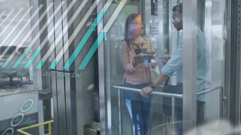 animation of financial data processing over diverse business people in office