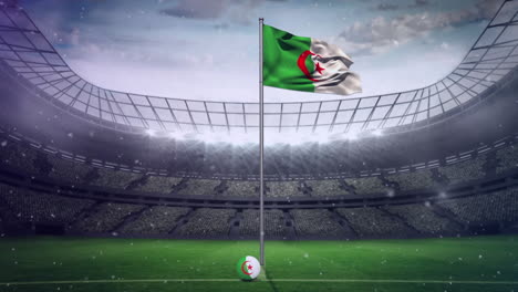 white particles floating over waving algeria flag against sports stadium in background