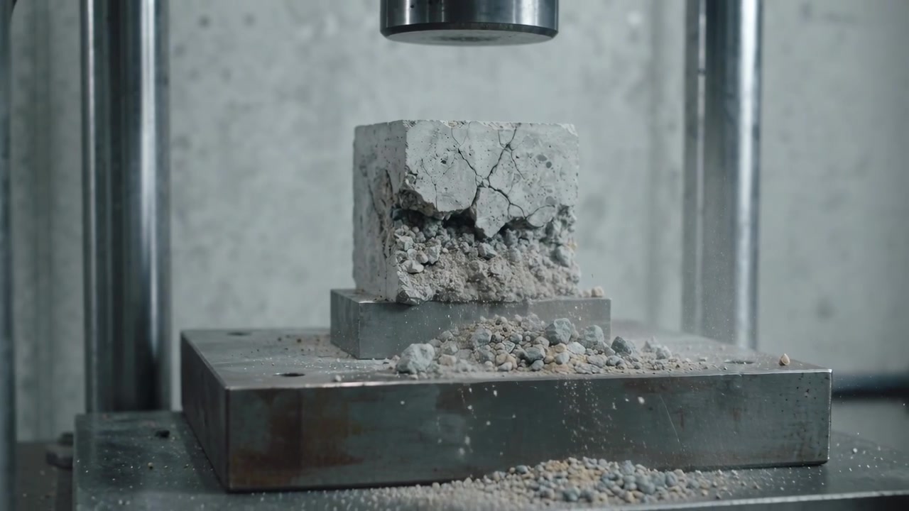 Contacting hydraulic ram compressing concrete cube on platen in lab for test, creating dust