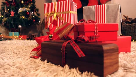 close-up of wrapped gift on fur carpet