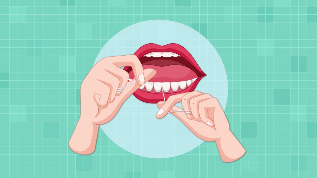 Vector animation demonstrates hands flossing between teeth in an open mouth, using smooth, repetitive movements on a clean, teal background with flat design style
