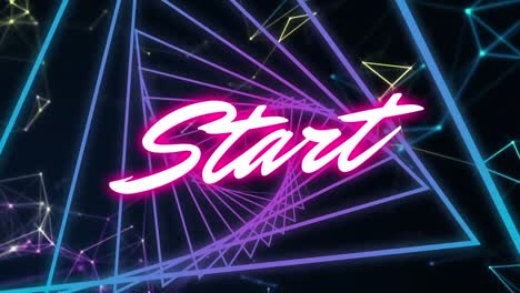 animation of pink text start, over blue and purple geometric spiral and shapes moving on black