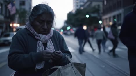a woman sits on the street, holding a cloth and looking pensive while people pass nearby. the dusk ambiance highlights her solitude amid the city life.