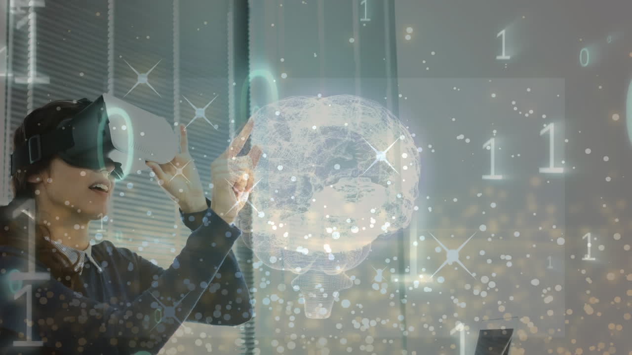 アニメーション 地球のネットワーク ビジネスマン vrヘッドセットを身に着けている