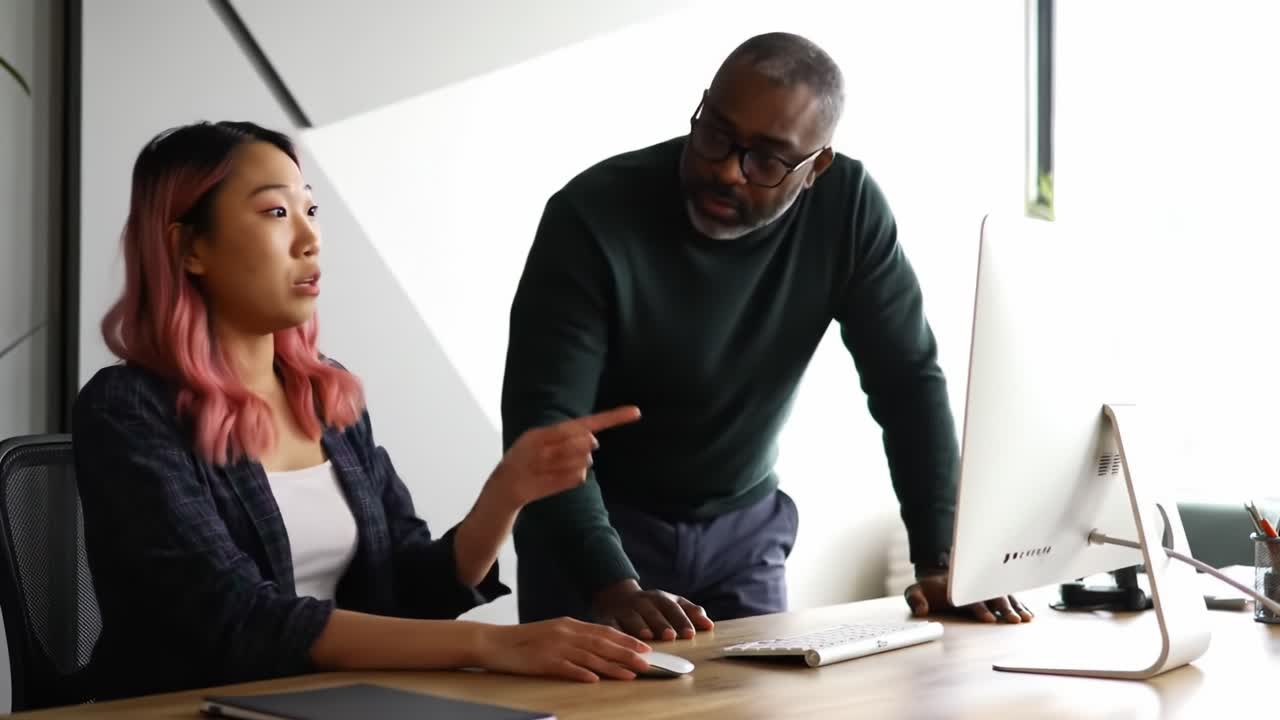 Colleagues collaborate on a project, reviewing information on a computer. The workspace features a minimalist design with natural light streaming in.