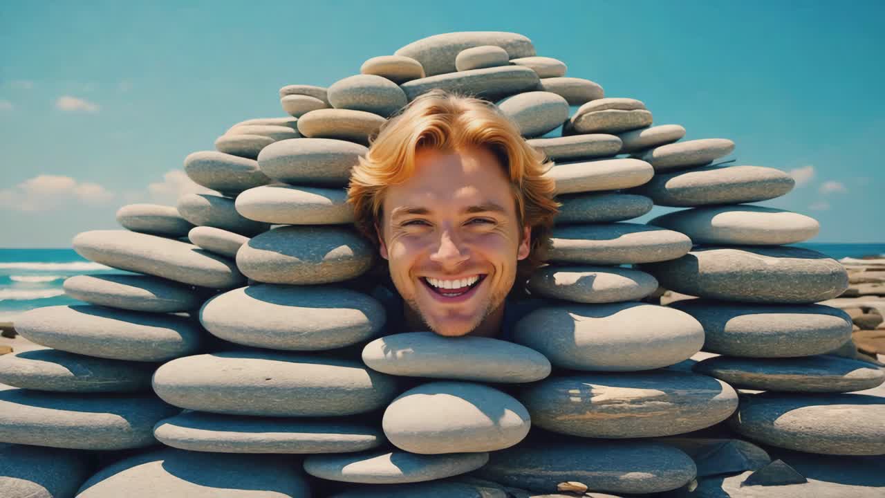 Man smiling behind a stack of pebbles on the beach