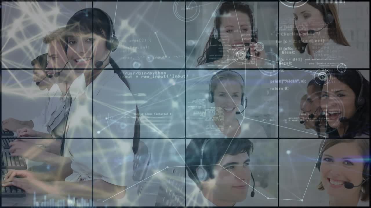 Animation of network of connections over diverse business people wearing phone headsets