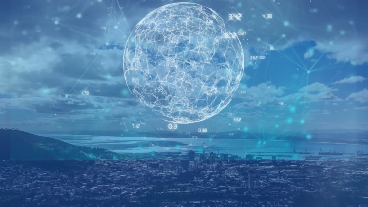 풍경 위에 숫자와 연결을 가진 지구의 애니메이션