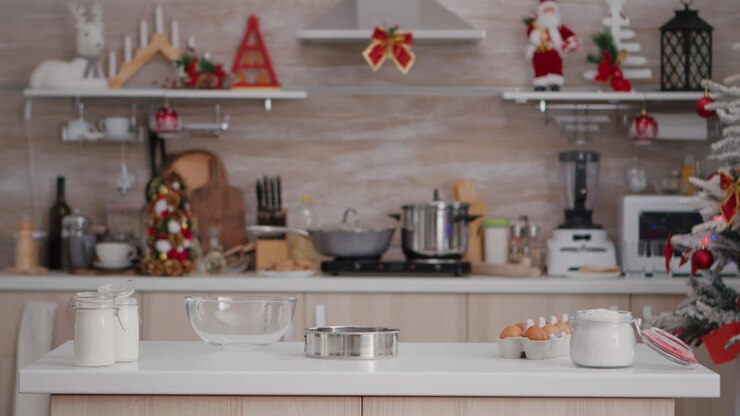 Cucina culinaria decorata per natale vuota senza nessuno pronta per le tradizionali vacanze festive