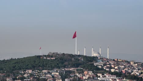 high angle view of camlica mosque and turkey flag ,