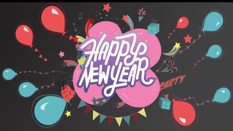 animation of happy new year greetings text over balloons