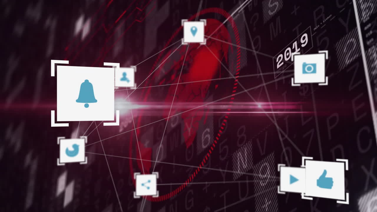 Animazione di icone digitali con connessioni di rete su sfondo rosso e nero