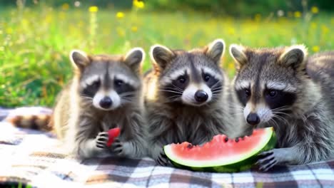 three playful raccoons enjoying watermelon on a sunny day in a lush green field, capturing the joy of nature and animal companionship in this heartwarming scene