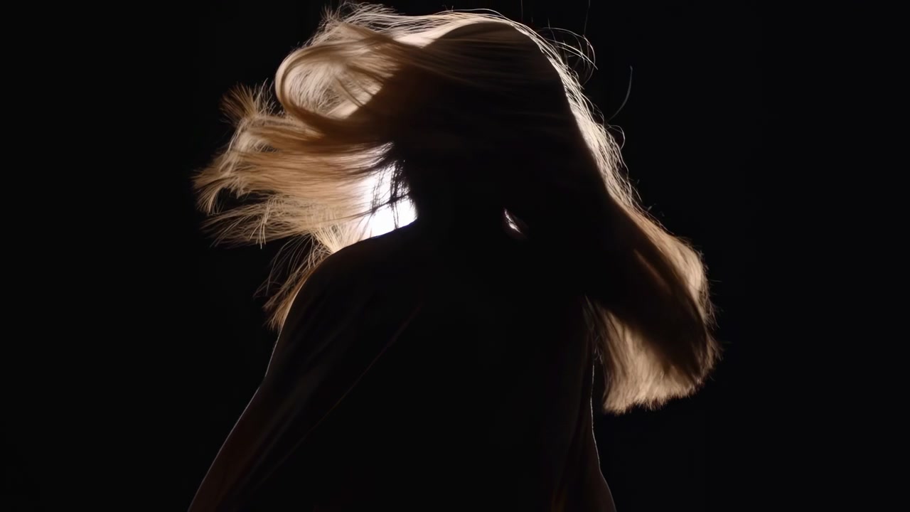 Back-facing person with long light hair whipping outward in sweeping illuminated arc, separated strands glowing against deep black background with strong contrast, elegant mood, and striking studio