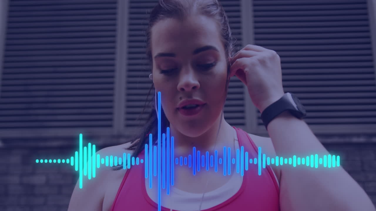 animación de procesamiento de datos de música más de tamaño mujer caucásica haciendo ejercicio en la ciudad